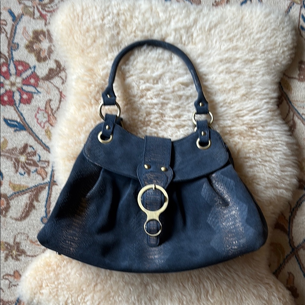 Charlie Lapson leather handbag with metal detailing. Blue gray colour. Like new.